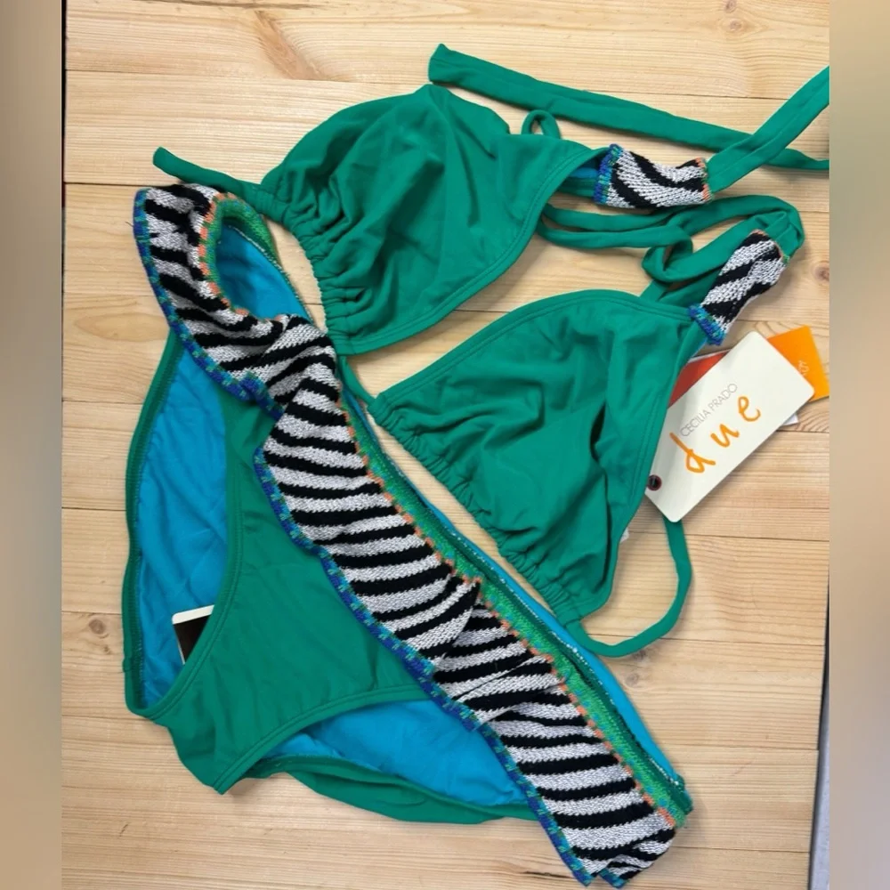 Cecilia Prado Green Zebra Trim Bikini Set Tie Side Swimwear NWT Med/Large